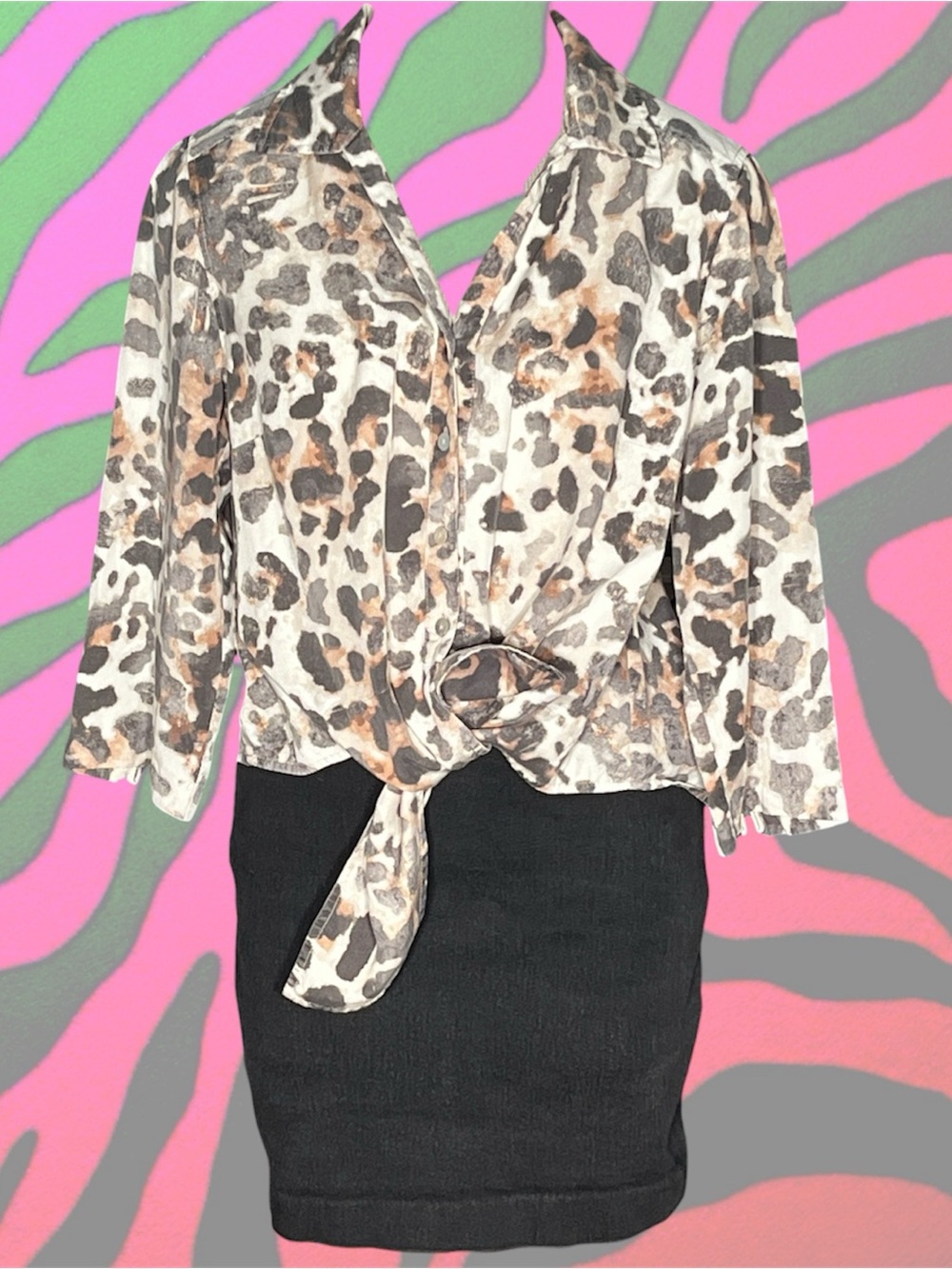 distressed leopard print punk rock tie front button up shirt